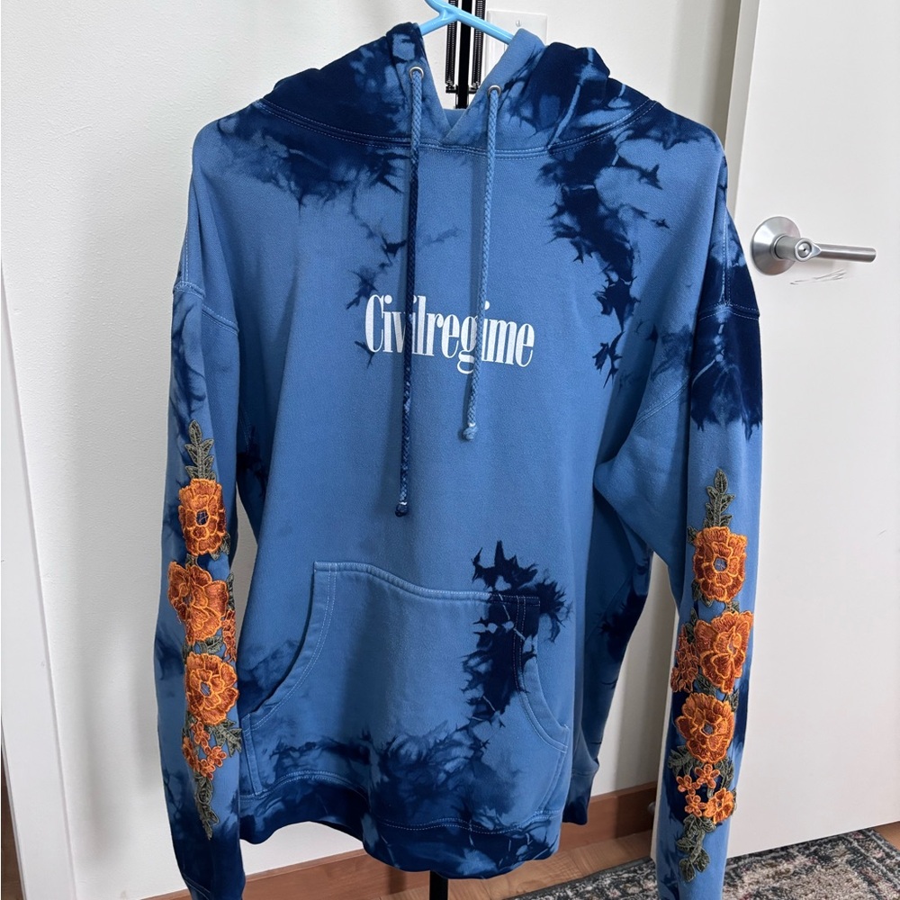 Civil Regime Blue Tie-Dye Hoodie with Floral Embroidery
